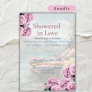 May include: A bridal shower invitation with the text "Showered in Love" and floral accents. The invitation features a watercolor scene of a boat on a lake, with pink flowers and the event details.
