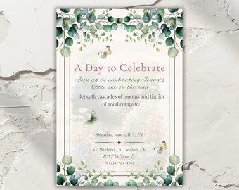 Eucalyptus Baby Shower Invitation Editable Canva Template 5x7 Botanical Greenery Butterfly Modern Spring Garden Celebration Printable