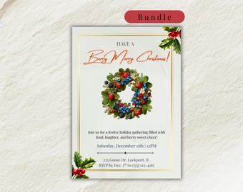 Berry Merry Christmas Party Bundle Invitation Thank You Signs Favor Tags Editable Canva Templates Digital Printable Rustic Farmhouse Holiday