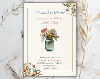 Mother's Day Invitation Editable Canva Template 5x7 Wildflower Mason Jar Rustic Spring Garden Brunch Country Floral Celebration Printable