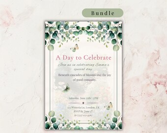 Eucalyptus Birthday Party Set Botanical Greenery Butterfly Theme Spring Garden Celebration Editable Canva Template Printable