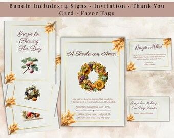 Friendsgiving Party Bundle Tuscan Autumn Dinner Invitation Thank You Signs Canva Editable Templates