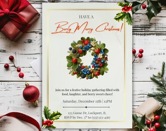 Berry Merry Christmas Invitation Holiday Party Invite Editable Canva Template Digital Printable Rustic Farmhouse Festive Winter Celebration