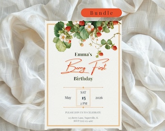 Berry Sweet Birthday Party Bundle Invitation Thank You Signs Editable Canva Templates Digital Printable Strawberry Farmhouse Party Set