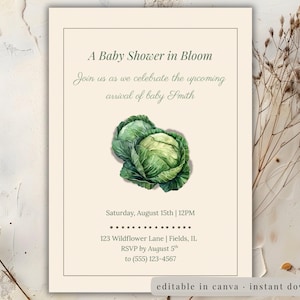 Może przedstawiać: Zaproszenie na baby shower z kremowym tłem i akwarelową ilustracją dwóch zielonych kapust. Tekst brzmi "A Baby Shower in Bloom" i zawiera szczegóły wydarzenia: datę, godzinę, miejsce i informacje RSVP.