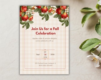 Puede incluir: Una tarjeta de invitación rectangular con un fondo de cuadros vichy beige claro y un borde de manzanas rojas y hojas verdes en la parte superior. El texto dice: Join Us for a Fall Celebration, Apples, cider & autumn delights come celebrate with us, SAT 14 Sept 2026 2 PM, 123 Orchard Lane, Lockport, IL, RSVP (555) 123-4567.