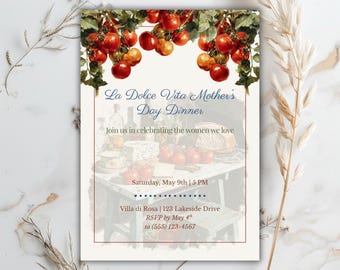Mother's Day Dinner Invitation Editable Canva Template 5x7 Italian Summer Tuscan Table Tomato Vine Mediterranean Food Wine Party Printable