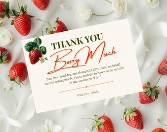 Berry Sweet Bridal Shower Thank You Card Strawberry Party Editable Canva Template Digital Printable Rustic Farmhouse Orchard Gratitude Note