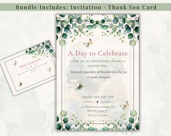 Eucalyptus Bridal Shower Invitation Set Botanical Greenery Butterfly Modern Garden Spring Editable Canva Template Printable
