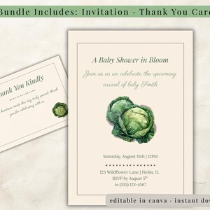 Może przedstawiać: Zestaw zaproszeń i kartek z podziękowaniami na baby shower. Zaproszenie zawiera tekst "A Baby Shower in Bloom" z ilustracjami kapusty. Na kartce z podziękowaniami widnieje napis "Thank You Kindly". Obie karty mają kremowe tło i zielony tekst.