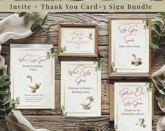 Silly Goose Birthday Bundle Funny Party Invitation Thank You Signs Editable Canva Templates