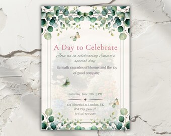 Eucalyptus Bridal Shower Invitation Editable Canva Template 5x7 Botanical Greenery Butterfly Modern Spring Garden Party Printable