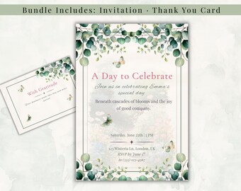 Eucalyptus Birthday Invitation Set Botanical Greenery Butterfly Theme Modern Spring Garden Editable Canva Template Printable