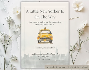 NYC Baby Shower Invitation Editable Canva Template 5x7 Yellow Taxi Watercolor New York Printable