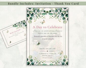 Eucalyptus Baby Shower Invitation Set Botanical Greenery Butterfly Modern Garden Spring Editable Canva Template Printable