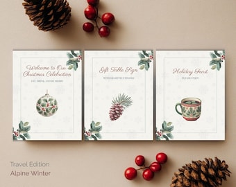 May include: Three rectangular white cards with thin borders and festive illustrations. The first reads Welcome to Our Christmas Celebration, the second Gift Table Sign, and the third Holiday Feast. Each features holly, pinecones, and a mug.