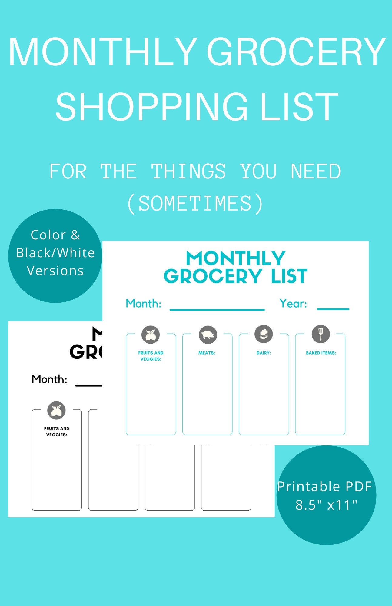 Printable Digital Download Simple Monthly Grocery List with | Etsy