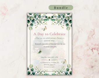 Eucalyptus Bridal Shower Party Set Botanical Greenery Butterfly Spring Garden Celebration Editable Canva Template Printable