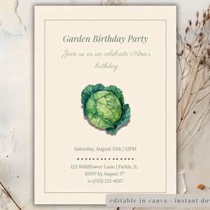 Może przedstawiać: Kremowe zaproszenie z akwarelową ilustracją kapusty. Tekst brzmi "Garden Birthday Party" i zaprasza gości na obchody urodzin Any 15 sierpnia o godzinie 12:00. Zawiera szczegóły RSVP i notatkę o edycji w Canva.