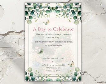 Eucalyptus Birthday Invitation Editable Canva Template 5x7 Botanical Greenery Butterfly Garden Modern Spring Celebration Printable