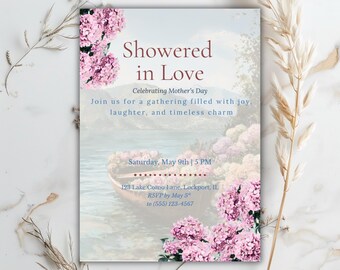 Mother's Day Invitation Editable Canva Template 5x7 Lake Como Hydrangea Floral Italian Garden Spring Brunch Dinner Elegant Celebration