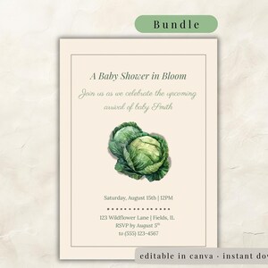 Może przedstawiać: Zaproszenie na baby shower z tekstem "A Baby Shower in Bloom". Zaproszenie zawiera akwarelową ilustrację dwóch zielonych kapust. Tekst zawiera datę, godzinę i informacje RSVP. Obecne są również słowa "Bundle" i "editable in canva - instant download".