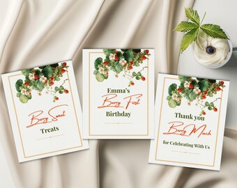Berry Sweet Birthday Party Signs Strawberry Decorations Editable Canva Templates Digital Printable Rustic Farmhouse Kids Party Sign Set 8x10