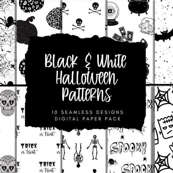 Halloween Digital Paper, Halloween Patterns, Black and White Halloween Paper, Halloween Scrapbook, Halloween Seamless Pattern