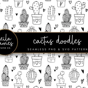 Kaktus Doodles Nahtloses SVG-Muster, schwarzes und weißes digitales Papier, Sublimationssock SVG, nahtloses Gravurdesign, Laserschnittdatei