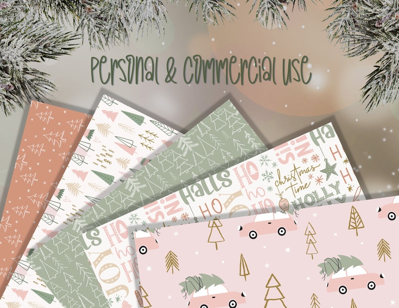 Puede incluir: Una colecci&oacute;n de papeles estampados con tem&aacute;tica navide&ntilde;a en varios dise&ntilde;os. Los papeles presentan patrones repetidos de &aacute;rboles de Navidad, coches con &aacute;rboles y frases festivas en tonos rosa, verde y dorado. El texto "Personal & Commercial Use" es visible.