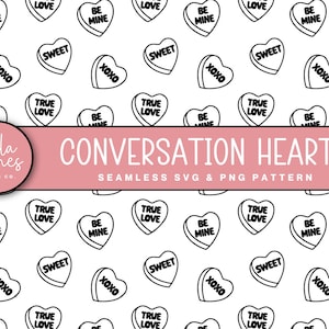 Valentinstag Süßigkeiten Herzen Nahtlos SVG, Schnittdatei, Gravur, Sublimation, Digitalpapier, Schwarz-Weiß druckbare PNG, kommerzielle Nutzung