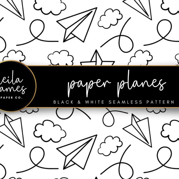 Black and White Seamless Patterns, Digital Paper, Paper Airplanes Pattern, Cloud Pattern, Paper Planes, Seamless SVG, Kids Seamless Pattern