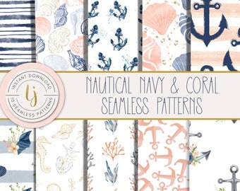 Nautical Seamless Pattern, Coral Navy, Beach Vacation (Digital Paper)
