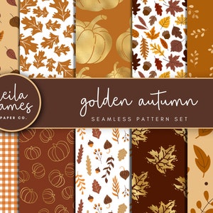 May include: A set of 10 digital seamless patterns featuring autumn leaves, pumpkins, and acorns in gold and brown colors. The patterns are perfect for fall-themed crafts, scrapbooking, and digital design projects. The text "golden autumn seamless pattern set" is displayed on the image.