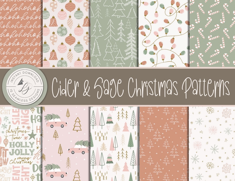 Puede incluir: Una colecci&oacute;n de diez patrones navide&ntilde;os sin costuras en una variedad de dise&ntilde;os. Los patrones incluyen adornos, luces navide&ntilde;as, bastones de caramelo, &aacute;rboles de Navidad y texto. La paleta de colores incluye tonos de verde, rosa y marr&oacute;n. El texto de la imagen dice "Cider & Sage Christmas Patterns".