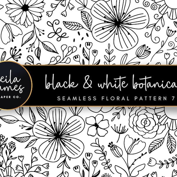 Black and White Seamless Floral Pattern 7, SVG Floral Pattern, Seamless Floral Digital Paper, Floral Background, Seamless PNG File Botanical