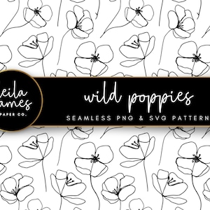 Könnte beinhalten: Nahtloses Muster in Schwarzweiß mit wilden Mohnblumen. Das Muster ist mit "wild poppies" und "Leila James Paper Co." beschriftet.