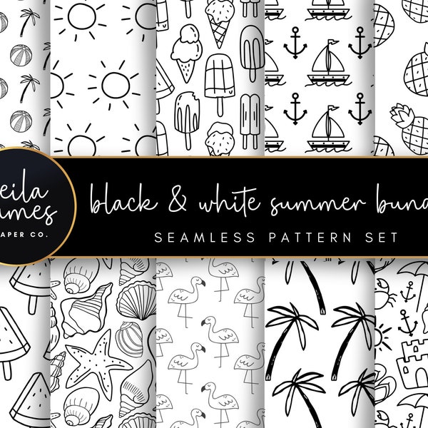 Schwarz-weiße nahtlose Muster, Sommermuster, nahtlose SVG, schwarz-weißes digitales Papier, nahtlose Strandmuster, Gravurdesigns
