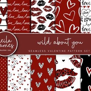 Digital Paper, Valentine Paper, Black and Red Valentine Patterns, Seamless Patterns, Black and Red Hearts, Leopard Print Valentine Print