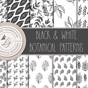 Digital Paper, Floral Paper, Black/White Paper, Floral Pattern, Seamless Pattern, Black & White Pattern, Botanical Paper, Foliage and Leaves
