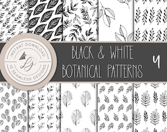 Black and White Floral Paper, Seamless Botanical Pattern (Digital Download)