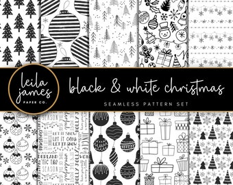 Puede incluir: Un conjunto de 8 patrones navideños sin costuras en blanco y negro. Los patrones presentan varios elementos navideños como adornos, copos de nieve, árboles y regalos. Los patrones son perfectos para crear fondos festivos, papel de regalo u otras manualidades navideñas.