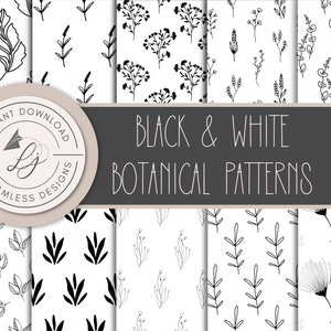 Black and White Digital Paper, Floral Seamless Pattern, Fabric Pattern, Scrapbook Paper, Floral Printable, 10 Botanical PNG, Vol. 3