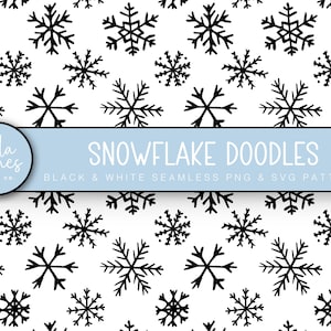 Könnte beinhalten: Nahtloses Schwarzweißmuster mit handgezeichneten Schneeflocken-Kritzeleien. Das Muster ist perfekt für winterliche Bastelarbeiten, Scrapbooking und digitale Designprojekte.