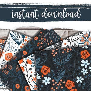 May include: A set of eight digital paper patterns featuring floral designs in shades of orange, blue, and white. The patterns are perfect for creating digital scrapbooking projects, invitations, and other craft projects.