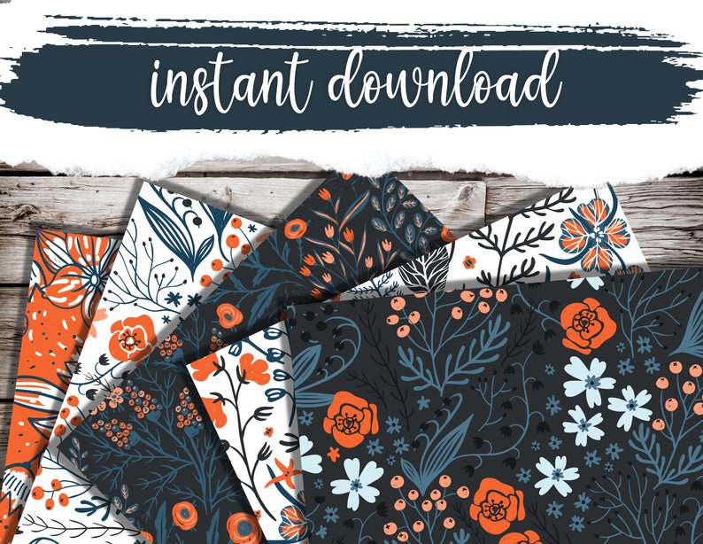 May include: A set of eight digital paper patterns featuring floral designs in shades of orange, blue, and white. The patterns are perfect for creating digital scrapbooking projects, invitations, and other craft projects.