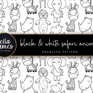 Digital Paper, Safari Animals Seamless Pattern SVG, Black and White, Nursery, Baby Shower, Baby Patterns, Kids Pattern, Commercial Use PNG