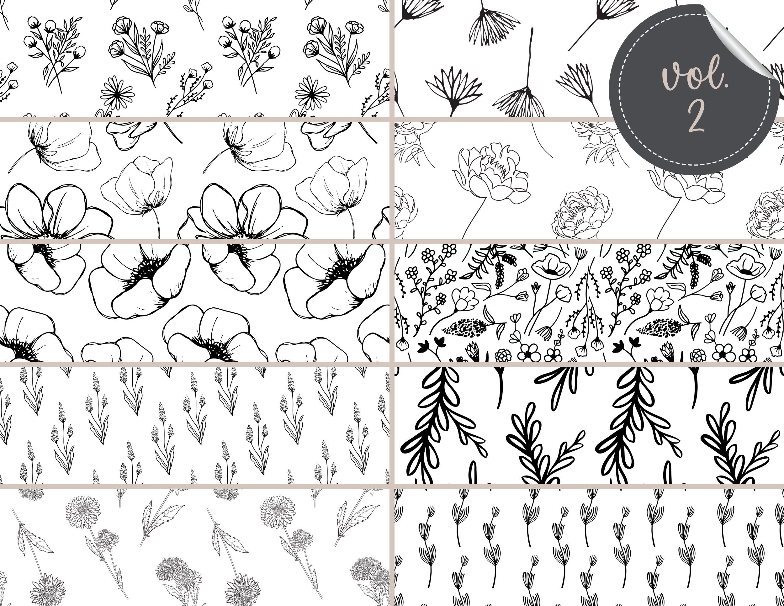 Black and White Digital Paper Floral Seamless Pattern - Etsy