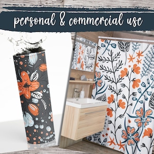 May include: A white shower curtain with a floral pattern in shades of orange, blue, and black. The pattern features stylised flowers, leaves, and stems. The shower curtain is hanging in a bathroom with a white sink and wooden cabinets.