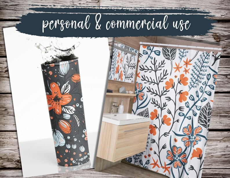May include: A white shower curtain with a floral pattern in shades of orange, blue, and black. The pattern features stylised flowers, leaves, and stems. The shower curtain is hanging in a bathroom with a white sink and wooden cabinets.